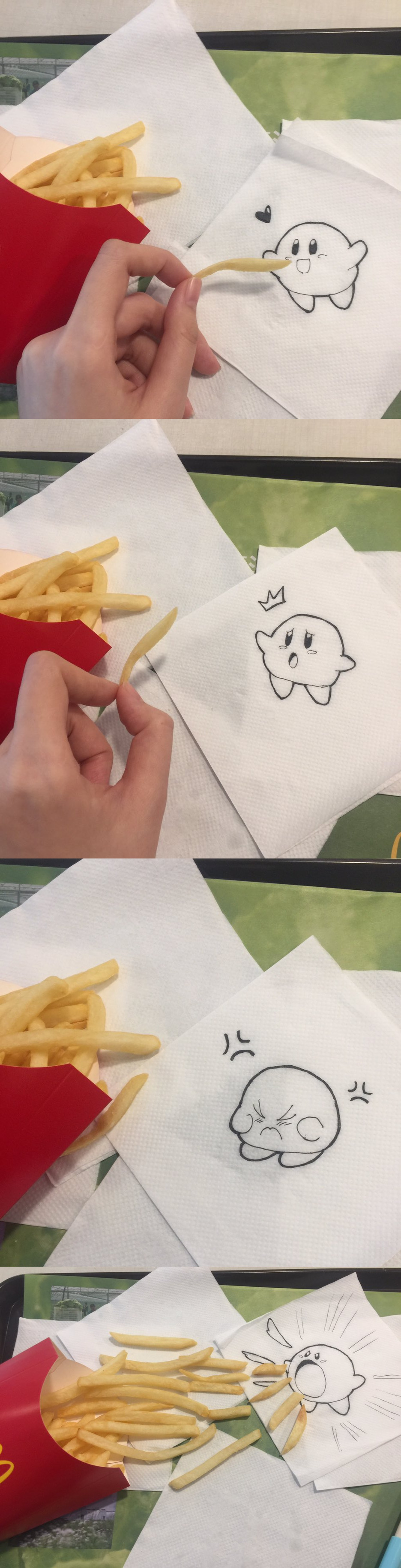 /\/\/\ absurdres angry feeding food french_fries heart highres inhaling kirby kirby_(series) mcdonald's napkin nintendo no_humans photo shangguan_feiying stitched third-party_edit traditional_media