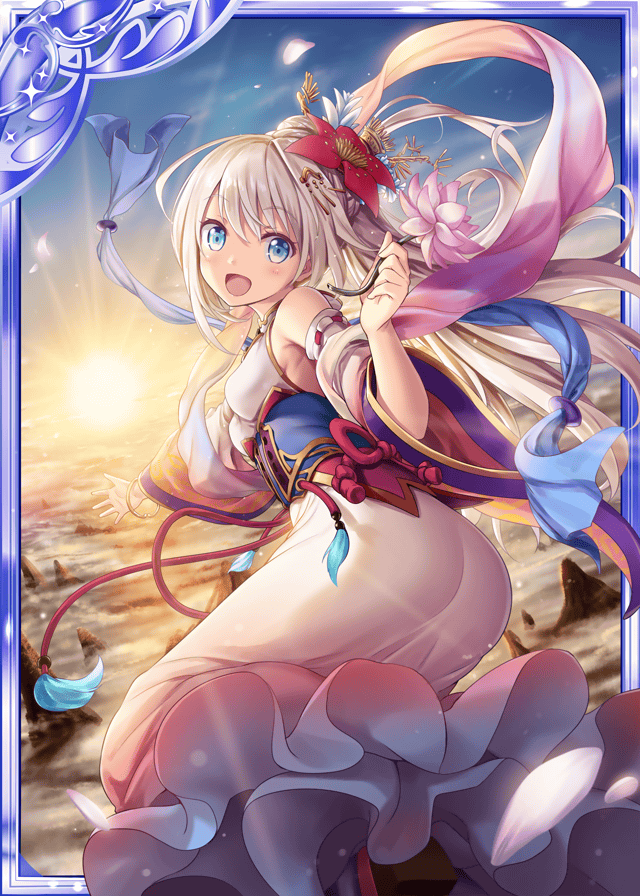 1girl :d akkijin armpits back bare_shoulders blonde_hair blue_eyes breasts card_(medium) clouds dress flower flying hair_flower hair_ornament holding holding_flower japanese_clothes long_hair looking_at_viewer lotus medium_breasts mountain official_art open_mouth pink_dress shinkai_no_valkyrie sky smile sun sunrise