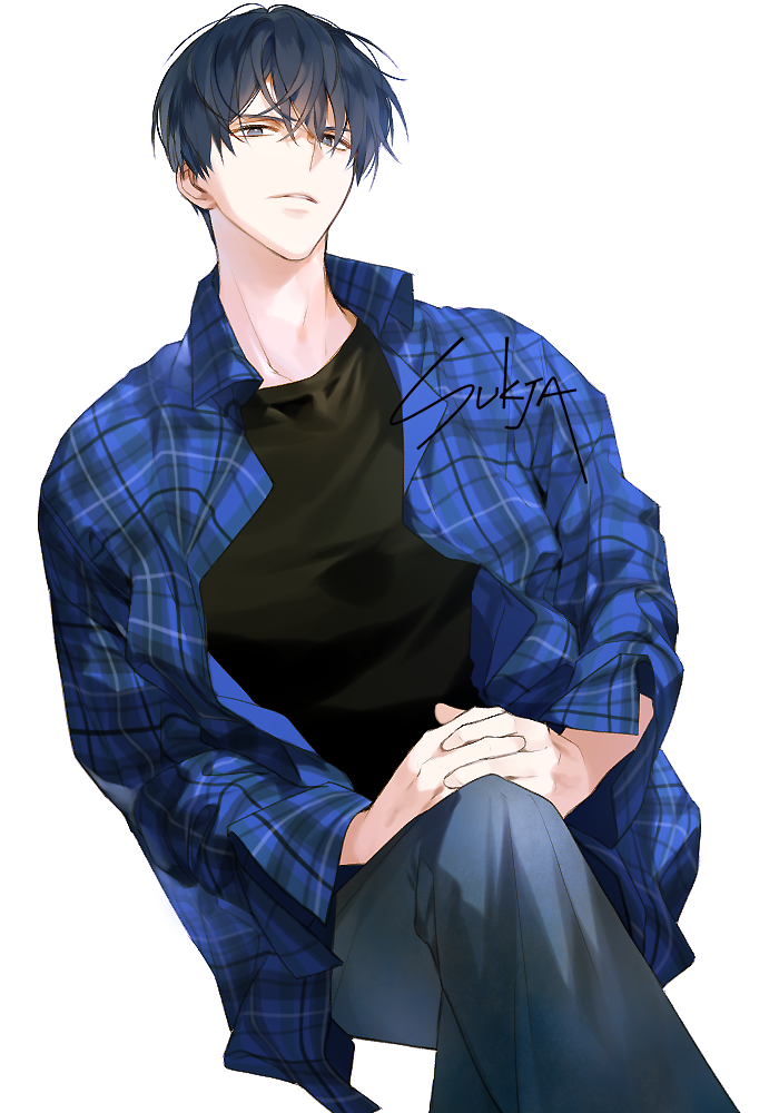 1boy artist_name black_hair black_shirt grey_eyes hands_together invisible_chair legs_crossed looking_at_viewer male_focus original plaid plaid_shirt shirt simple_background sitting solo sukja white_background