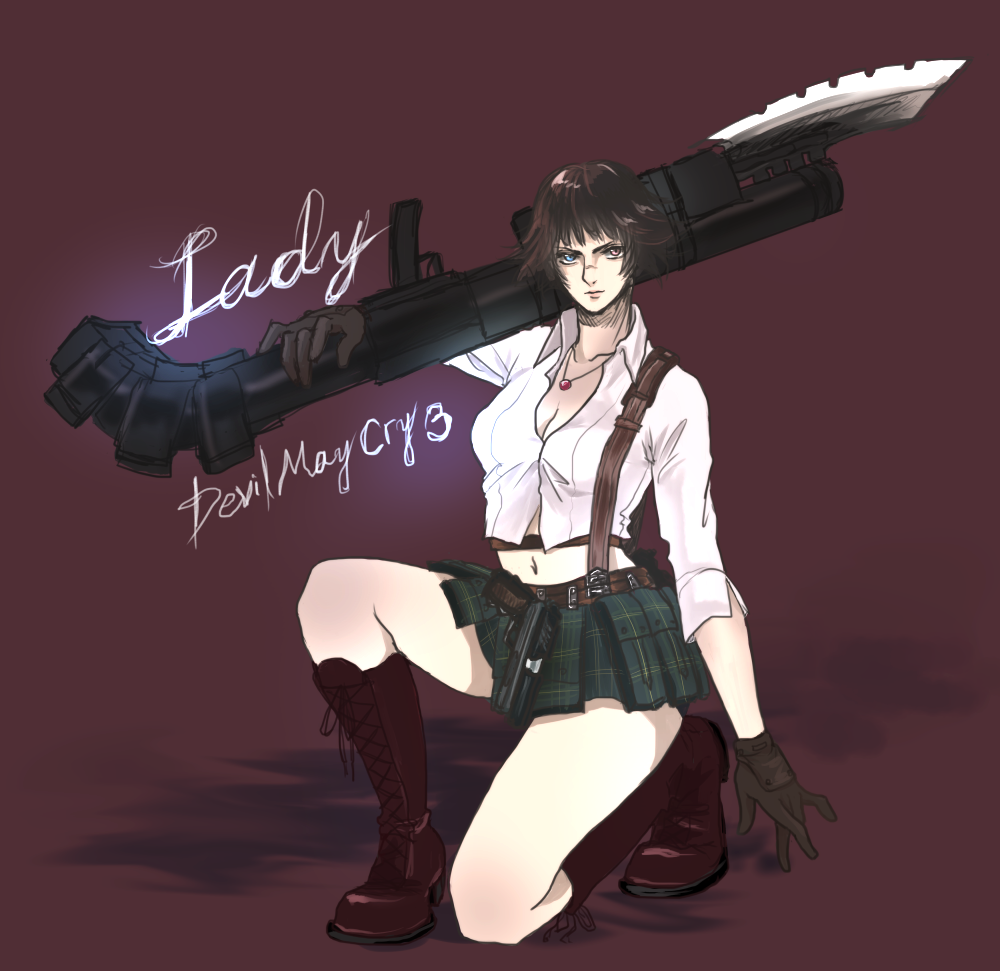1girl black_hair blue_eyes breasts cleavage commentary_request devil_may_cry devil_may_cry_3 gloves heterochromia lady_(devil_may_cry) navel red_eyes scar short_hair skirt solo weapon