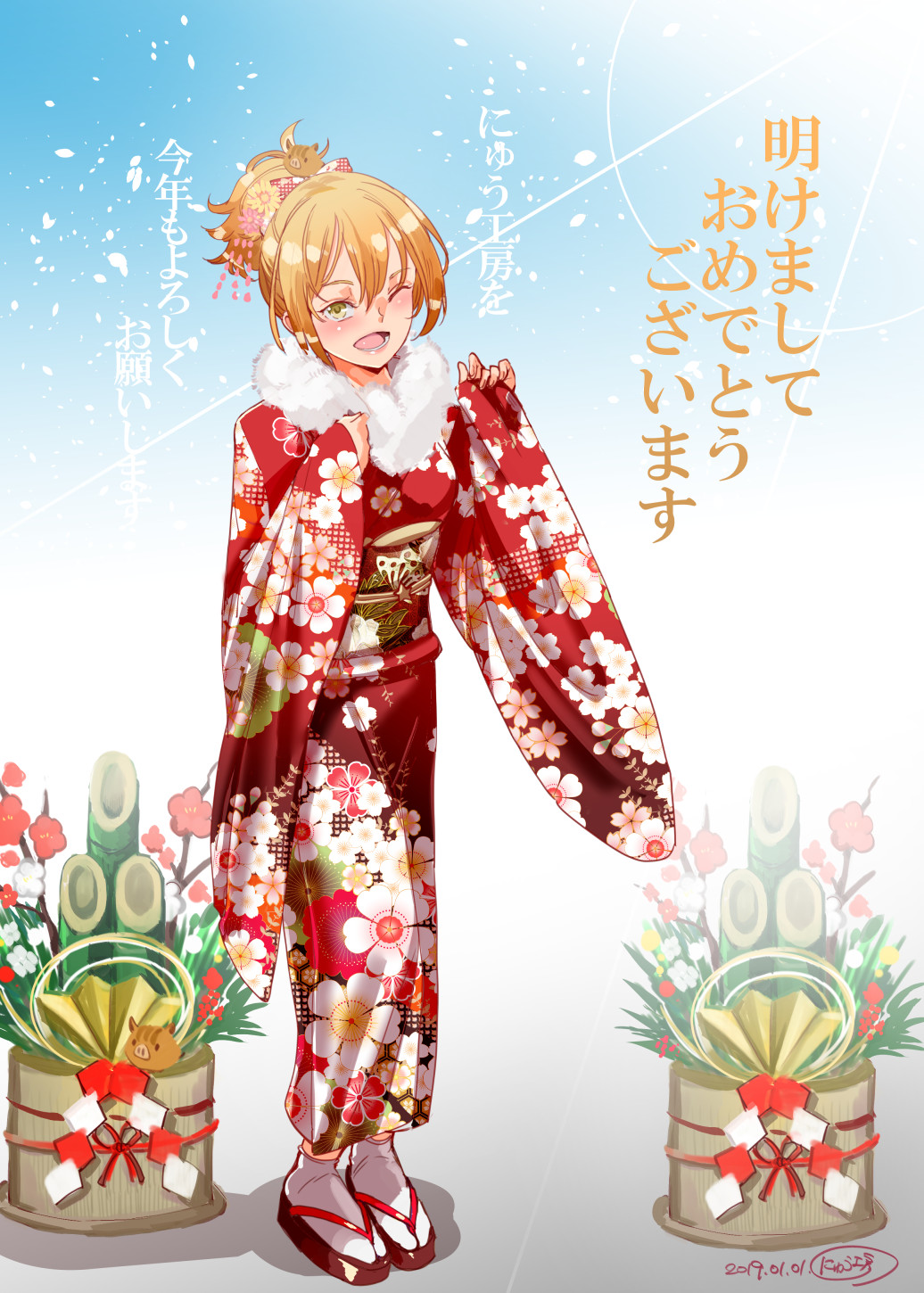 1girl blonde_hair blush flower fur_trim hair_flower hair_ornament highres japanese_clothes kimono looking_at_viewer nengajou new_year nyuu_(manekin-eko) obi one_eye_closed open_mouth original pig_hair_ornament sash smile solo yellow_eyes