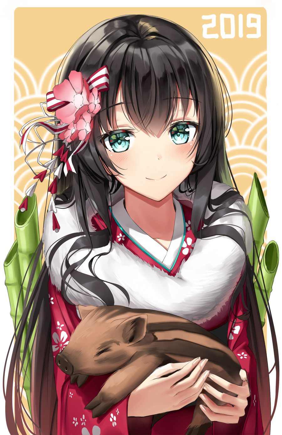 1girl 2019 animal bamboo bangs black_hair blue_eyes boar chinese_zodiac closed_mouth commentary_request eyebrows_visible_through_hair fur_scarf hair_between_eyes hair_ribbon highres holding holding_animal japanese_clothes kimono long_hair looking_at_viewer new_year original outside_border print_kimono red_kimono ribbon shiny shiny_hair smile solo striped striped_ribbon superpig upper_body very_long_hair wide_sleeves