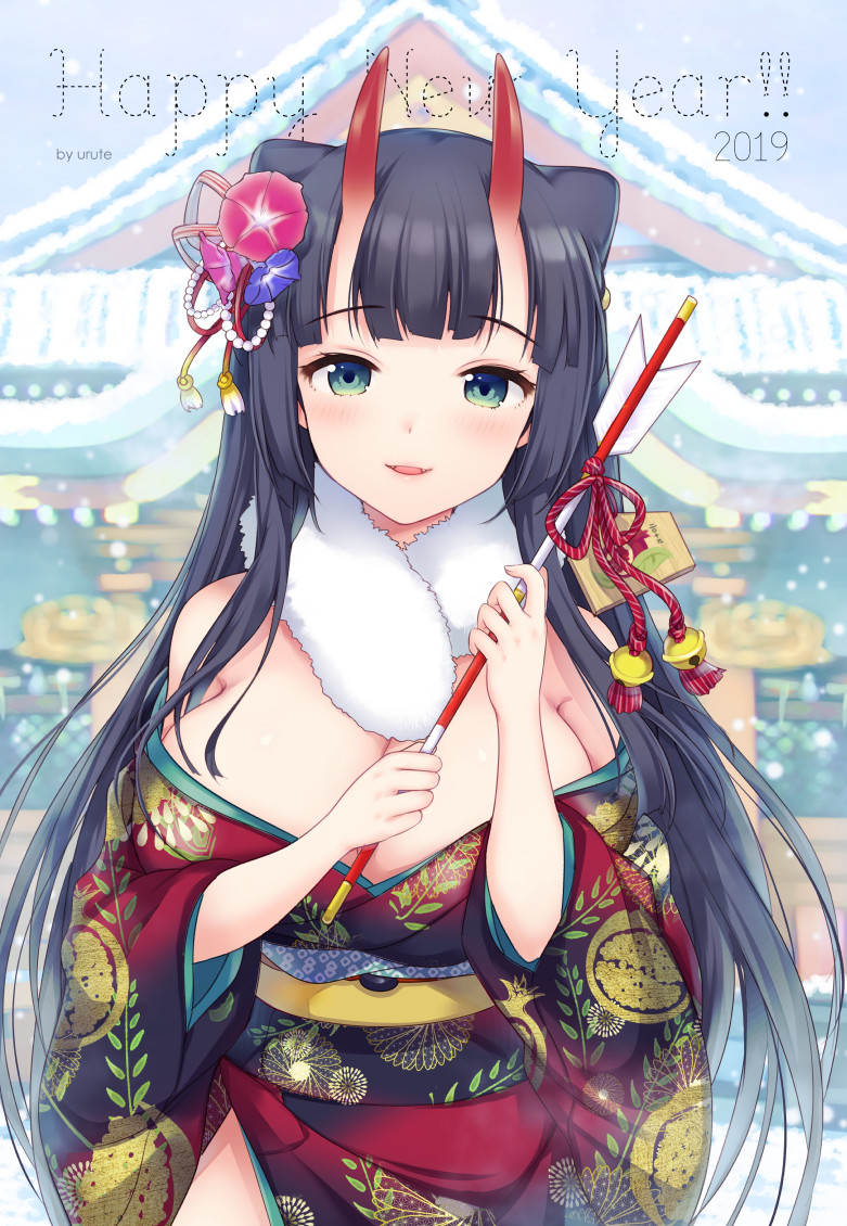 1girl 2019 arrow bangs bare_shoulders black_hair blush breasts cleavage day ema fangs floral_print flower fur_collar green_eyes hair_flower hair_ornament hamaya happy_new_year japanese_clothes kimono large_breasts long_hair long_sleeves looking_at_viewer miyano_ururu new_year obi off_shoulder oni oni_horns open_mouth original outdoors parted_lips sash shrine smile solo translated