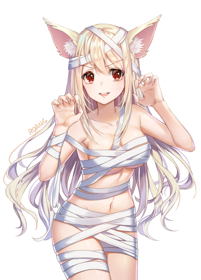 1girl animal_ear_fluff animal_ears armpits arms_up artist_name bandage bandages bangs blonde_hair blush breasts cat_ears cat_girl claw_pose cleavage collarbone commentary commission cowboy_shot english_commentary eyebrows_visible_through_hair gradient long_hair looking_at_viewer medium_breasts naked_bandage navel original parted_lips roang round_teeth simple_background solo stomach symbol-shaped_pupils teeth upper_teeth very_long_hair white_background white_hair