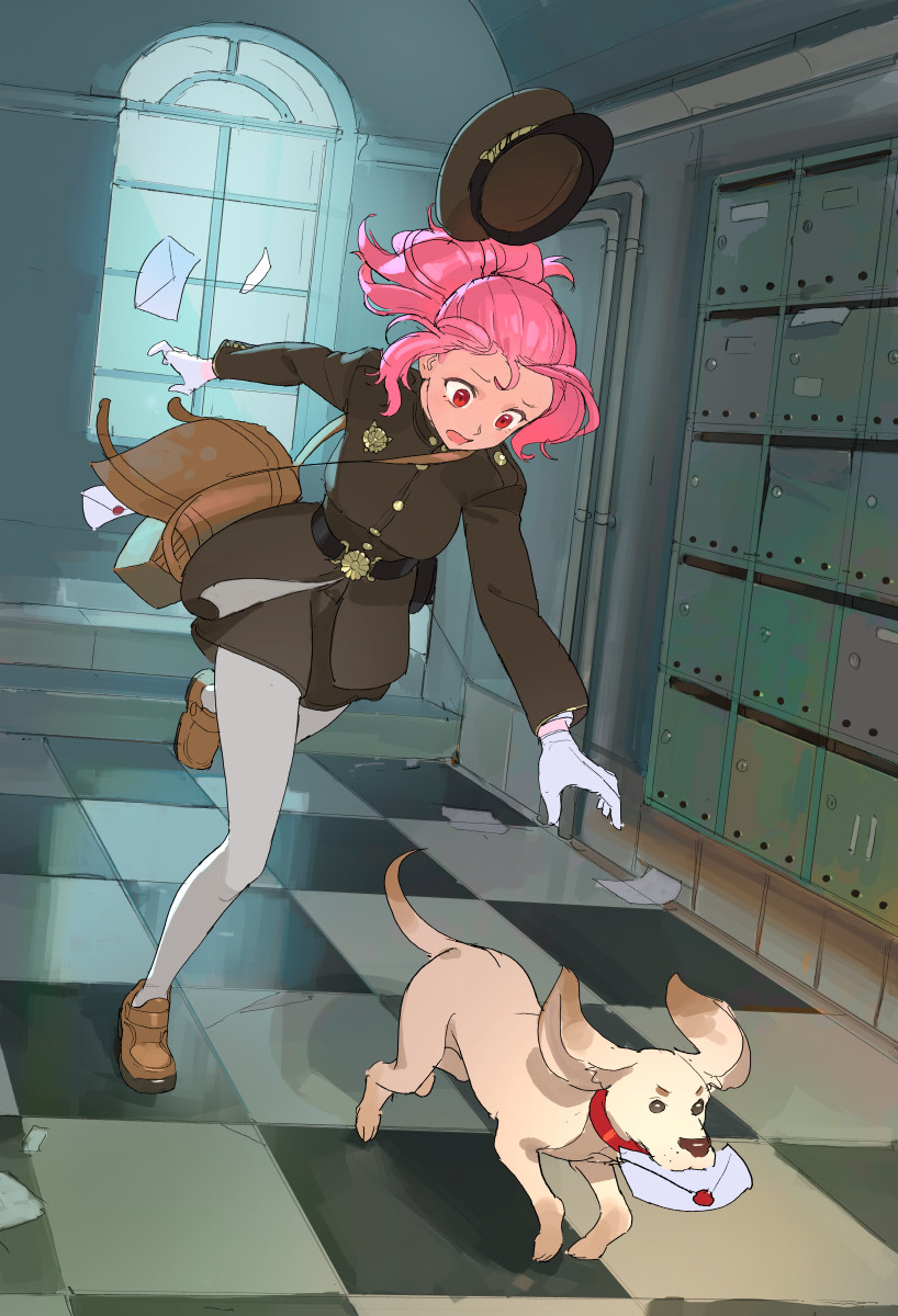 1girl badge belt brown_footwear checkered checkered_floor dog envelope gloves hat hat_removed headwear_removed highres indoors long_hair long_legs looking_ahead open_mouth original pink_hair red_eyes tim_loechner uniform white_gloves white_legwear window