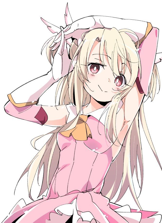 1girl :&gt; arms_up blonde_hair cowboy_shot dress elbow_gloves fate/kaleid_liner_prisma_illya fate_(series) feathers gloves hair_feathers illyasviel_von_einzbern ixy looking_at_viewer magical_girl pink_dress pink_feathers prisma_illya red_eyes simple_background solo two_side_up white_background white_gloves