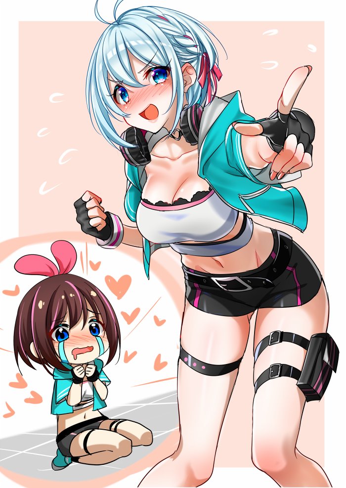 2girls a.i._channel bike_shorts black_gloves black_shorts blue_eyes blue_jacket blush bow breasts brown_hair collarbone cosplay crop_top crying crying_with_eyes_open dennou_shoujo_youtuber_shiro embarrassed fingerless_gloves gloves hair_bow headphones headphones_around_neck highlights hood hood_down hooded_jacket jacket kizuna_ai kizuna_ai_(cosplay) kneeling large_breasts midriff multicolored_hair multiple_girls navel open_clothes open_jacket open_mouth pink_bow shiro_(dennou_shoujo_youtuber_shiro) short_hair short_shorts shorts standing stomach tears thigh_strap yodare_(3yami8)