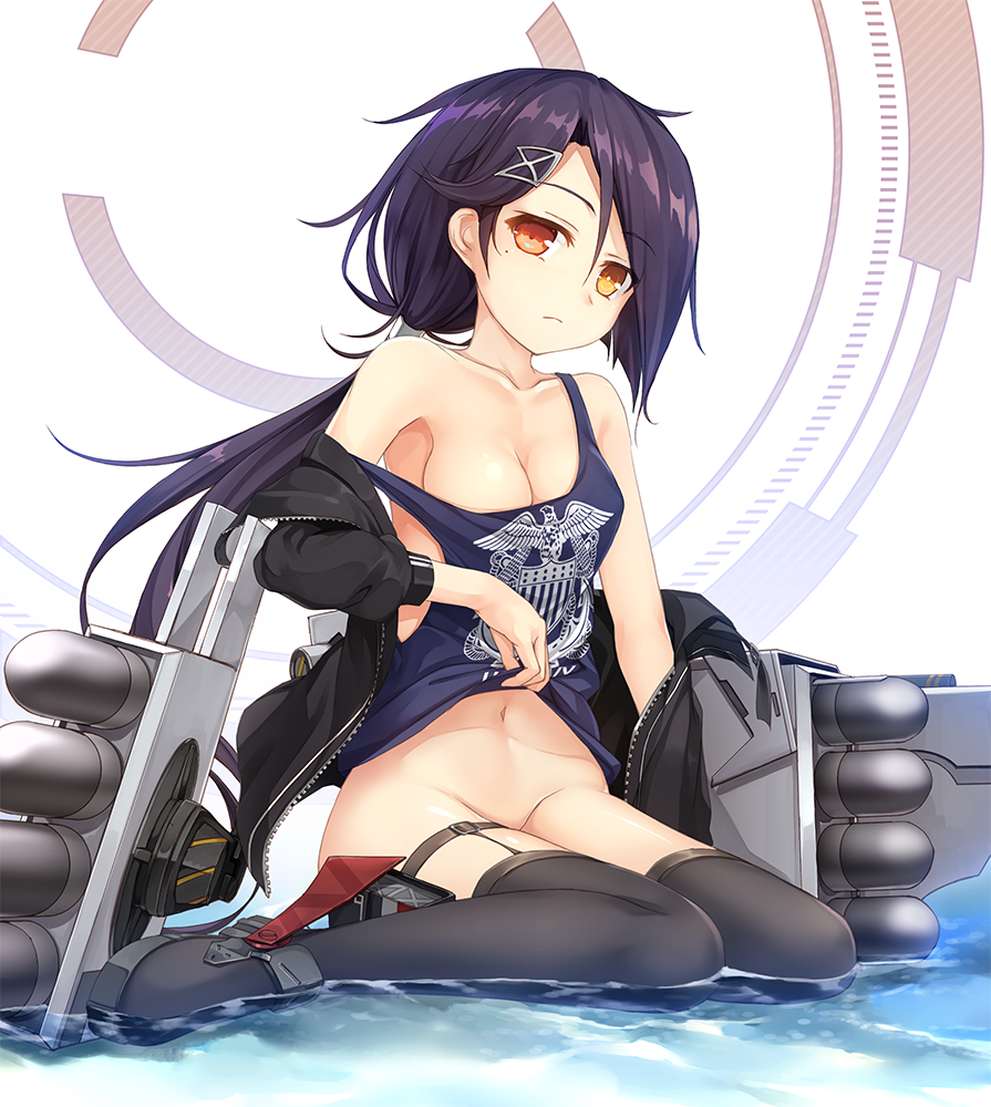 1girl azur_lane black_hair black_legwear breasts cassin_(azur_lane) cleavage collarbone commentary_request emblem hair_ornament hairclip jacket kurenai_musume medium_breasts mole navel no_bra no_panties ponytail revision shirt shirt_lift sitting solo strap_slip t-shirt thigh-highs torpedo_tubes yellow_eyes