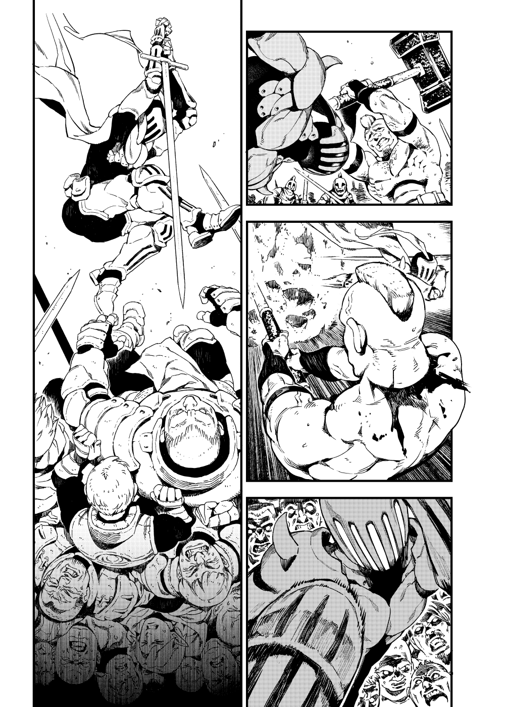 4koma 6+boys ambiguous_gender armor armored_boots attack battle blood boots cape clenched_teeth closed_eyes comic crowd death full_armor hammer helmet highres holding holding_sword holding_weapon kingtime looking_at_another male_focus monochrome motion_lines multiple_boys muscle original silent_comic sword teeth weapon