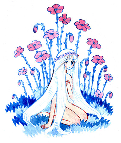 1girl arm_at_side arm_support arm_up commentary english_commentary flower full_body grass hand_on_own_chest head_wreath heikala kneeling long_hair looking_at_viewer lowres nude original simple_background solo traditional_media very_long_hair watercolor_(medium) white_background white_hair