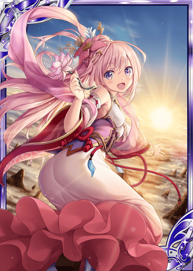 1girl :d akkijin armpits back bare_shoulders breasts card_(medium) clouds dress flower flying hair_flower hair_ornament holding holding_flower japanese_clothes long_hair looking_at_viewer lotus medium_breasts mountain official_art open_mouth pink_dress pink_hair shinkai_no_valkyrie sky smile sun sunrise violet_eyes