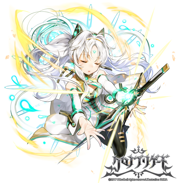 1girl bare_shoulders black_legwear chrono_brigade closed_eyes company_name detached_collar dress facing_viewer forehead_jewel full_body hair_ornament hairband long_hair official_art outstretched_hand simple_background solo sukja watermark white_background white_dress white_hair