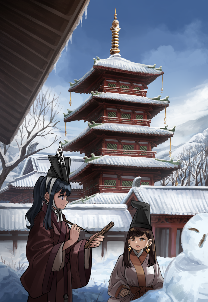 2girls architecture black_hair brown_hair calligraphy_brush commentary earrings east_asian_architecture hanbok hat jewelry korean_clothes long_hair multiple_girls original pagoda paintbrush ponytail snow snowman tate_eboshi wide_sleeves winter yong-gok