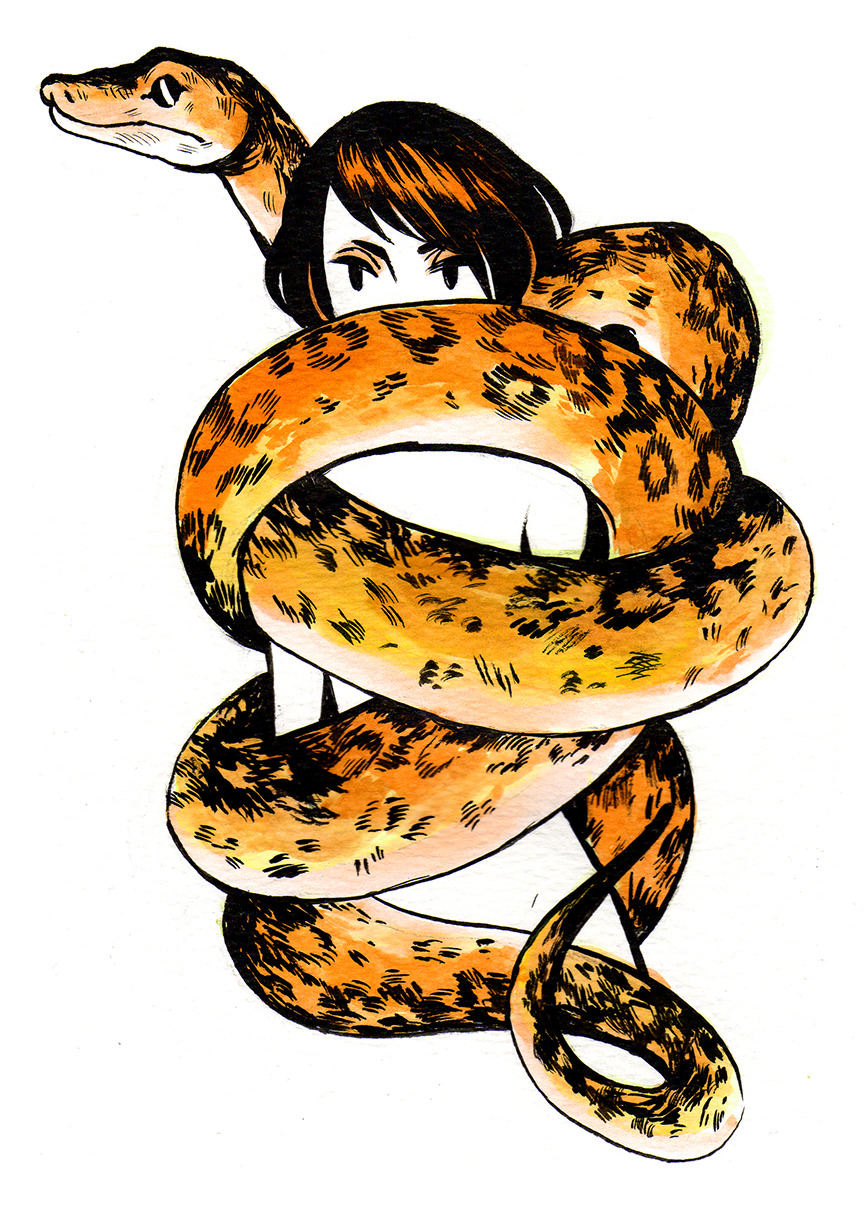 1girl arms_at_sides blank_stare commentary english_commentary expressionless facing_viewer food fruit greyscale heikala highres inktober monochrome nude orange original python short_hair simple_background snake standing white_background white_skin