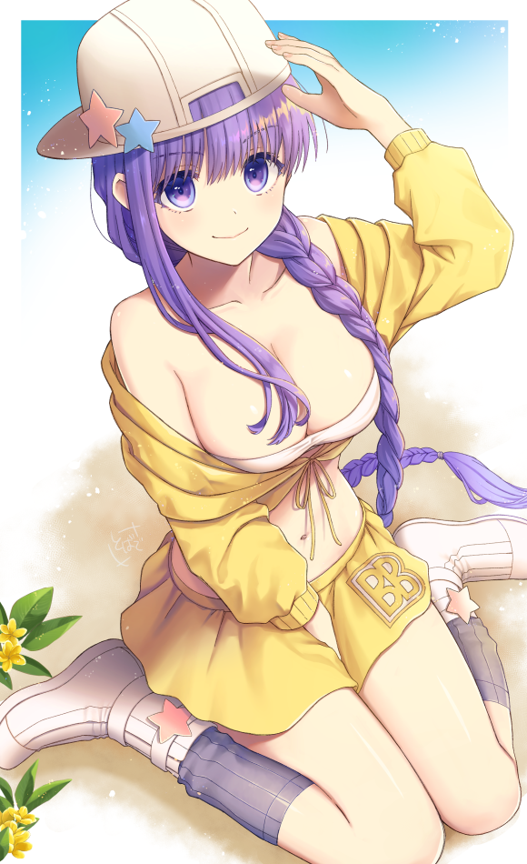 1girl arm_up backwards_hat bangs bare_shoulders baseball_cap bb_(fate)_(all) bb_(swimsuit_mooncancer)_(fate) beach between_legs black_legwear boots braid breasts character_name cleavage closed_mouth clothes_writing collarbone commentary_request day eyebrows_visible_through_hair fate/grand_order fate_(series) front-tie_top hair_over_shoulder hand_between_legs hat knee_boots kneehighs knees_together_feet_apart long_hair long_sleeves medium_breasts navel off_shoulder on_ground outdoors ribbon shiny shiny_hair single_braid single_sidelock sitting skirt smile solo star stomach tobade_(tbdfactory) very_long_hair violet_eyes wariza white_footwear white_hat yellow_ribbon yellow_skirt