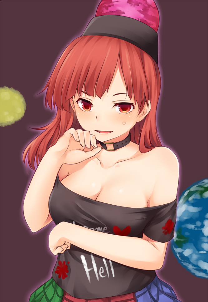 1girl bangs bare_shoulders black_choker black_shirt blue_skirt blush breasts choker cleavage clothes_writing collarbone commentary_request earth_(ornament) eyebrows_visible_through_hair green_skirt grey_background hand_up heart hecatia_lapislazuli large_breasts long_hair looking_at_viewer miyo_(ranthath) moon_(ornament) multicolored multicolored_clothes multicolored_skirt off-shoulder_shirt off_shoulder open_mouth plaid plaid_skirt polos_crown red_eyes red_skirt redhead shirt short_sleeves simple_background skirt sleeveless sleeveless_shirt smile solo sweat t-shirt touhou upper_body