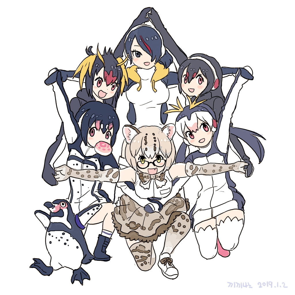 6+girls :d animal_ear_fluff animal_ears bird black_eyes black_hair blonde_hair bow bowtie cat_ears commentary_request dated elbow_gloves emperor_penguin_(kemono_friends) fang food gentoo_penguin_(kemono_friends) gloves grape-kun hair_over_one_eye hand_holding headphones hood hood_down hooded_jacket humboldt_penguin humboldt_penguin_(kemono_friends) jacket japari_bun kemono_friends korean_commentary long_hair looking_at_viewer margay_(kemono_friends) margay_print mouth_hold multicolored_hair multiple_girls one_knee open_mouth outstretched_arms penguin photo-referenced pink_eyes pose print_gloves print_legwear print_neckwear print_skirt red_eyes rockhopper_penguin_(kemono_friends) roonhee royal_penguin_(kemono_friends) shirt short_hair simple_background skirt sleeveless sleeveless_shirt smile spread_arms thigh-highs white_background white_hair white_legwear yellow_eyes