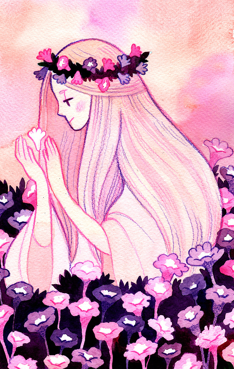 1girl arms_up closed_mouth commentary english_commentary floating floating_object flower hair_flower hair_ornament hands_up head_wreath heikala long_hair long_sleeves morning_glory original outdoors pink_flower pink_hair pink_sky profile purple_flower solo traditional_media very_long_hair watercolor_(medium) wide_sleeves