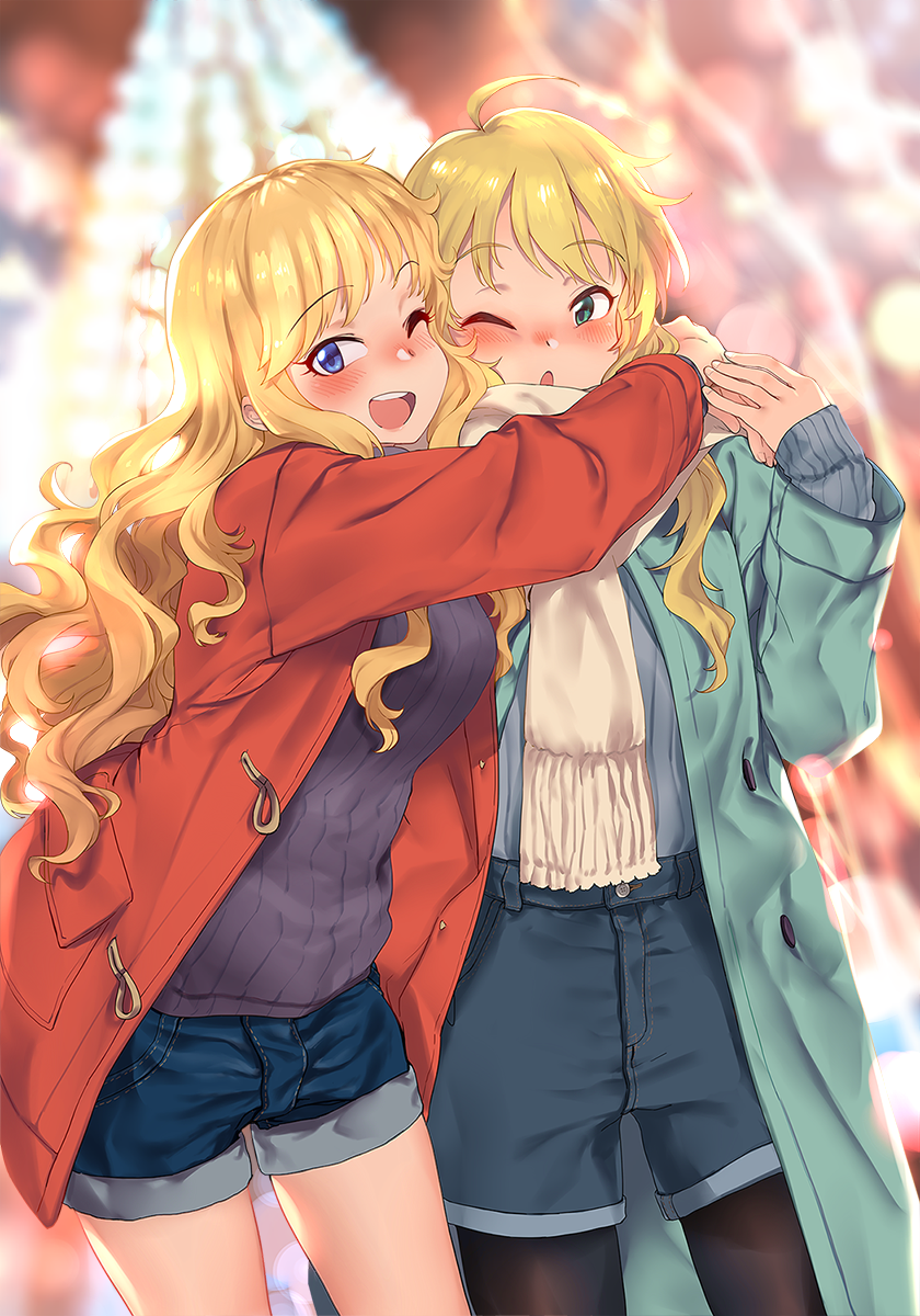 2girls :d :o ahoge black_legwear black_sweater blonde_hair blue_coat blue_eyes blue_shorts blush christmas christmas_tree coat commentary denim denim_shorts english_commentary green_eyes highres hoshii_miki hug idolmaster idolmaster_cinderella_girls long_hair looking_at_viewer multiple_girls o.m one_eye_closed ootsuki_yui open_clothes open_coat open_mouth pantyhose red_coat ribbed_sweater scarf shorts smile sweater winter_clothes winter_coat