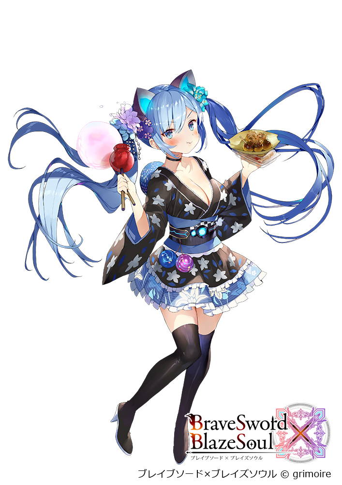 1girl :t bangs black_choker black_footwear black_shirt black_skirt blue_eyes blue_flower blue_hair blush boots brave_sword_x_blaze_soul breasts candy_apple choker cleavage collarbone container copyright_name eating eyebrows_visible_through_hair floating_hair flower food frilled_skirt frills full_body hair_flower hair_ornament hands_up head_tilt high_heel_boots high_heels holding holding_food japanese_clothes large_breasts long_hair long_sleeves looking_at_viewer matsui_hiroaki miniskirt obi official_art plate purple_flower sash shirt sidelocks simple_background skirt solo swept_bangs takoyaki thigh-highs thigh_boots twintails v-shaped_eyebrows very_long_hair watermark wavy_mouth white_background wide_sleeves zettai_ryouiki