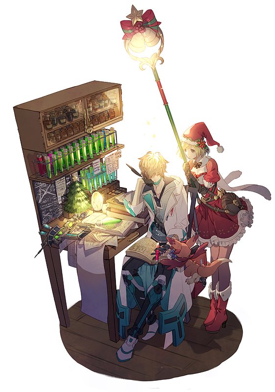 1boy 1girl a082 blonde_hair book brown_hair christmas_tree desk djeeta_(granblue_fantasy) doctor_(granblue_fantasy) dragon faux_figurine gran_(granblue_fantasy) granblue_fantasy quill santa_costume sleeping staff vee_(granblue_fantasy) vial wooden_floor