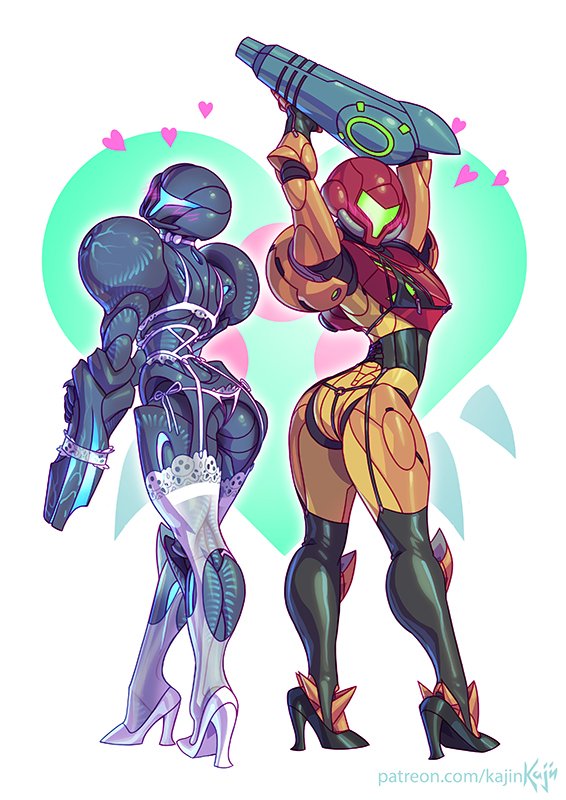 2girls arm_cannon armor ass blush bodysuit dark_samus full_body garter_belt garters kajin_(kajinman) lace lingerie looking_at_viewer metroid metroid_prime multiple_girls nintendo panties samus_aran side-tie_panties simple_background super_smash_bros. super_smash_bros._ultimate thigh-highs underwear underwear_only varia_suit weapon