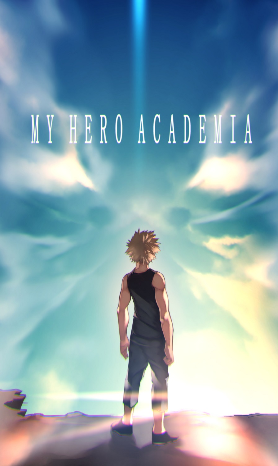 1boy 55level bakugou_katsuki bare_arms black_footwear black_legwear black_tank_top blonde_hair blue_sky boku_no_hero_academia cliff clouds commentary_request day from_behind highres light_rays looking_afar male_focus outdoors scenery short_hair sky solo spiky_hair standing sunlight tank_top
