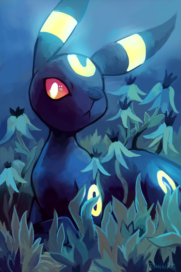 creature creatures_(company) dark game_freak gen_2_pokemon glowing grass night nintendo no_humans outdoors plant pokemon pokemon_(creature) red_eyes rinnai-rai signature solo umbreon