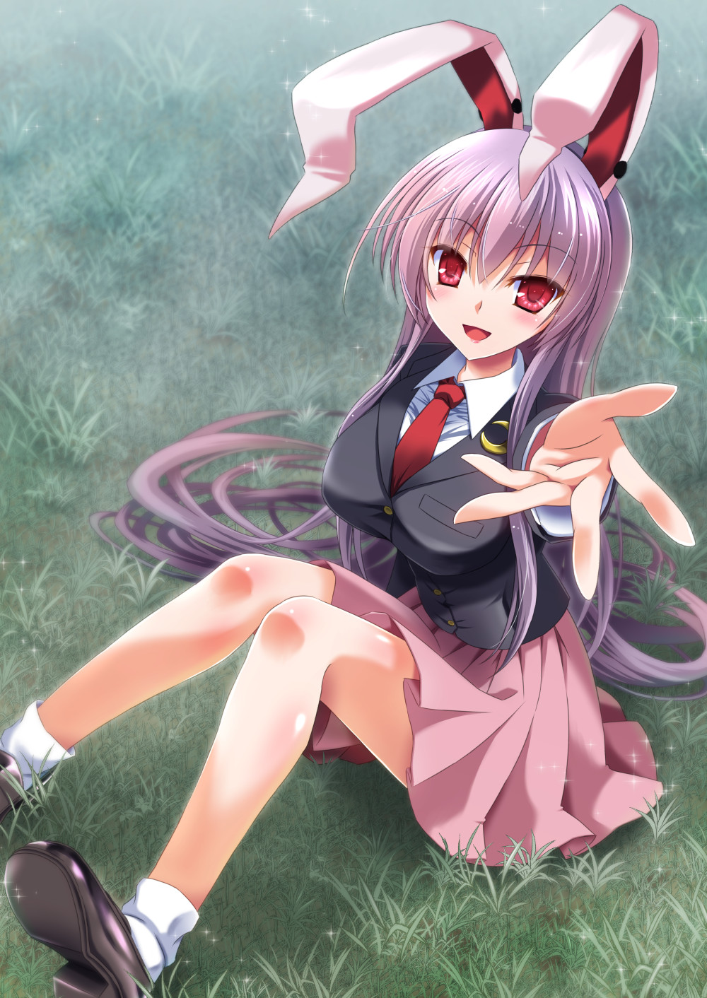 1girl animal_ears blazer blouse blush breasts buttons highres jacket large_breasts lavender_hair long_hair long_sleeves looking_at_viewer medium_skirt necktie open_mouth pink_skirt pleated_skirt rabbit_ears red_eyes reisen_udongein_inaba shirt shoes sitting skirt solo touhou very_long_hair white_blouse yamu_(reverse_noise)