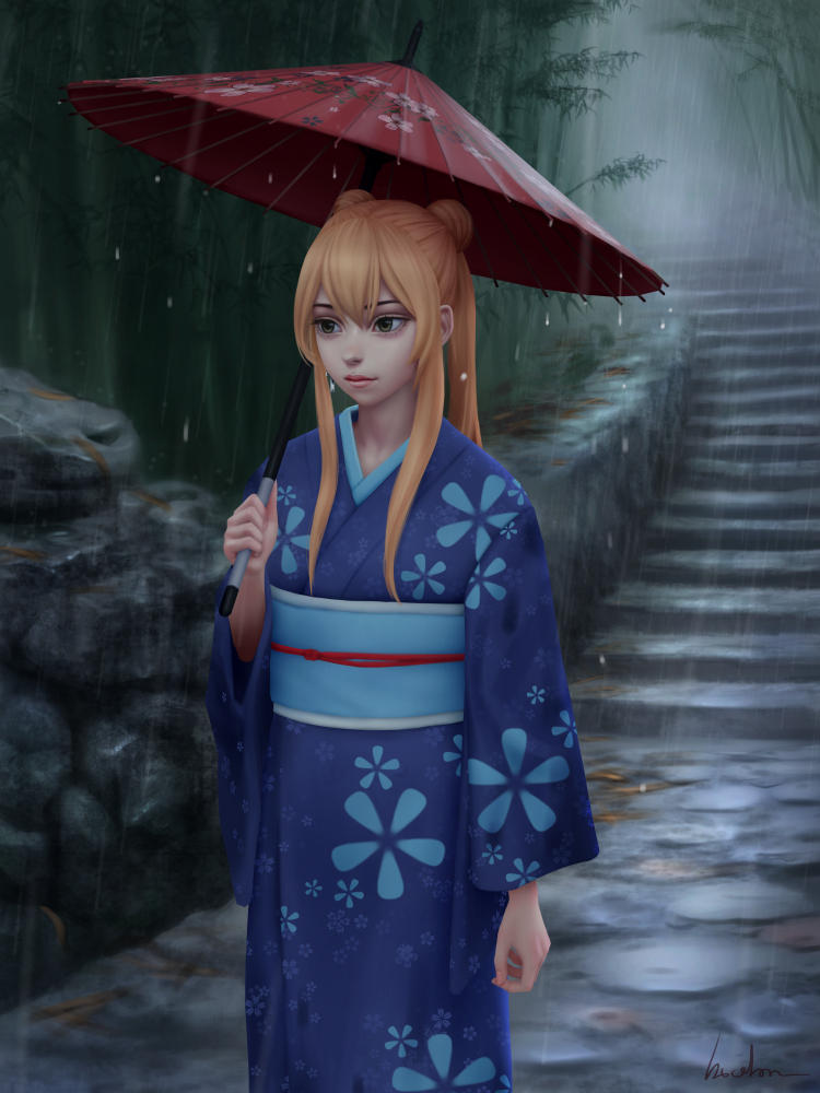 1girl arm_at_side arm_up bamboo bamboo_forest bangs blue_kimono blue_sash closed_mouth commentary commission double_bun english_commentary expressionless floral_print forest gohpot green_eyes holding holding_umbrella japanese_clothes kimono lips long_hair long_sleeves nature oriental_umbrella original outdoors rain red_umbrella sash signature solo stairs standing twintails umbrella wide_sleeves
