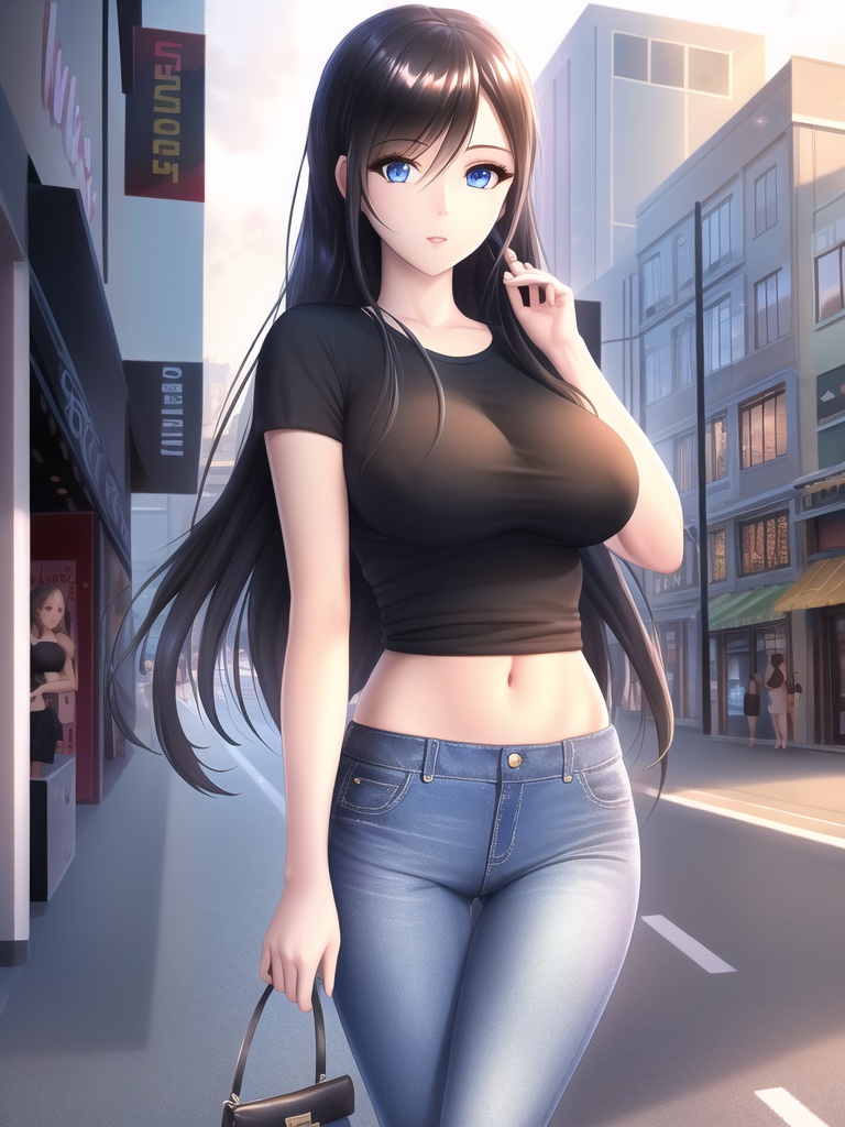 1girl black_hair blue_eyes jeans large_breasts looking_at_viewer navel original outdoors purse shmebulock36 solo