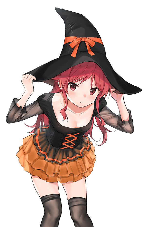 1girl breasts chigusa_asuha cleavage frilled_skirt frills halloween hat hat_tug long_hair qualidea_code red_eyes redhead see-through sekiya_asami skirt small_breasts solo thigh-highs white_background witch_hat