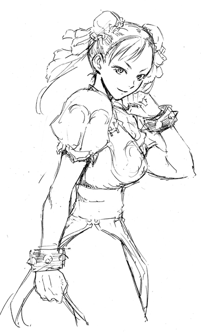 bracelet capcom chinese_clothes chun-li coelacanth_(gyotaku) double_bun jewelry lineart looking_at_viewer sketch smile spiked_bracelet spikes street_fighter street_fighter_ii_(series)