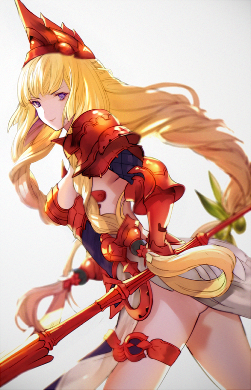1girl armor ass athena_(granblue_fantasy) blonde_hair braid breasts elbow_gloves gauntlets gloves granblue_fantasy grey_background hair_ornament headpiece looking_back nido_celisius polearm sideboob simple_background smile solo thigh_strap twin_braids violet_eyes weapon