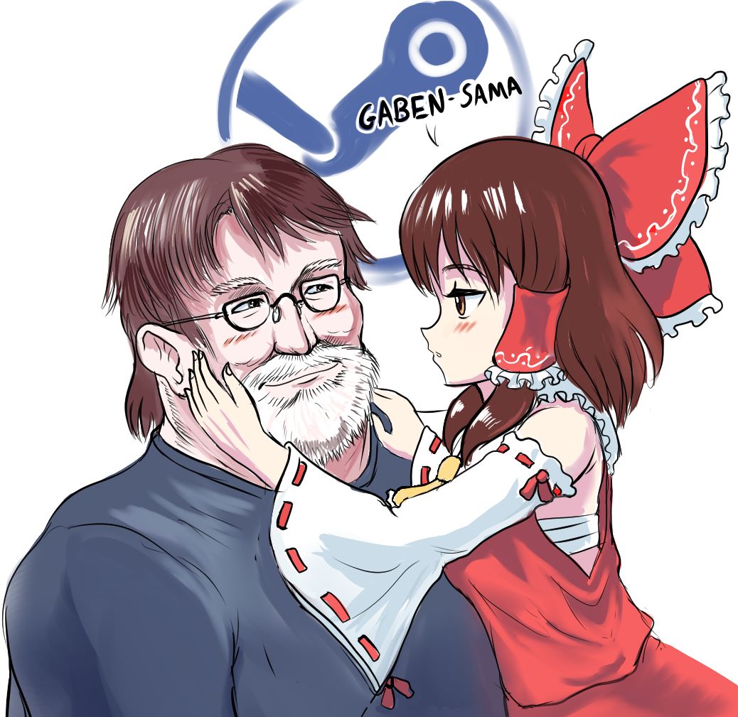 1boy 1girl ascot bare_shoulders beard blush bow brown_hair detached_sleeves english_text eyebrows_visible_through_hair facial_hair fat gabe_newell glasses hair_bow hair_tubes hakurei_reimu hands_on_another's_face japanese_clothes long_hair looking_at_another medium_hair miko nontraditional_miko obese older profitshame red_shirt ribbon-trimmed_sleeves ribbon_trim sarashi shirt steam_(platform) touhou what white_hair yellow_neckwear