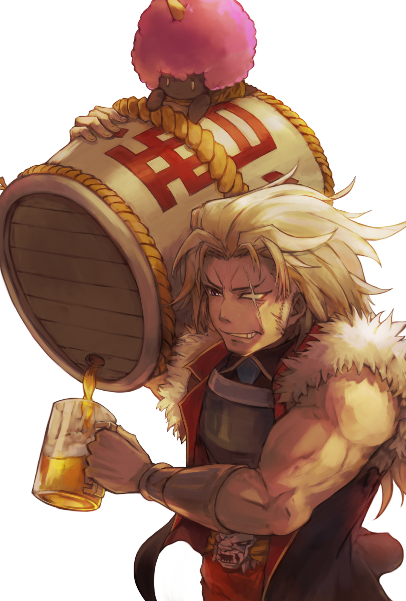 afro alcohol beer beer_mug belt_buckle blonde_hair bracer brown_eyes buckle cask cup facial_scar highres ico6 long_hair male_focus mug muscle parted_lips pink_hair scar scar_across_eye sideburns white_background white_eyes