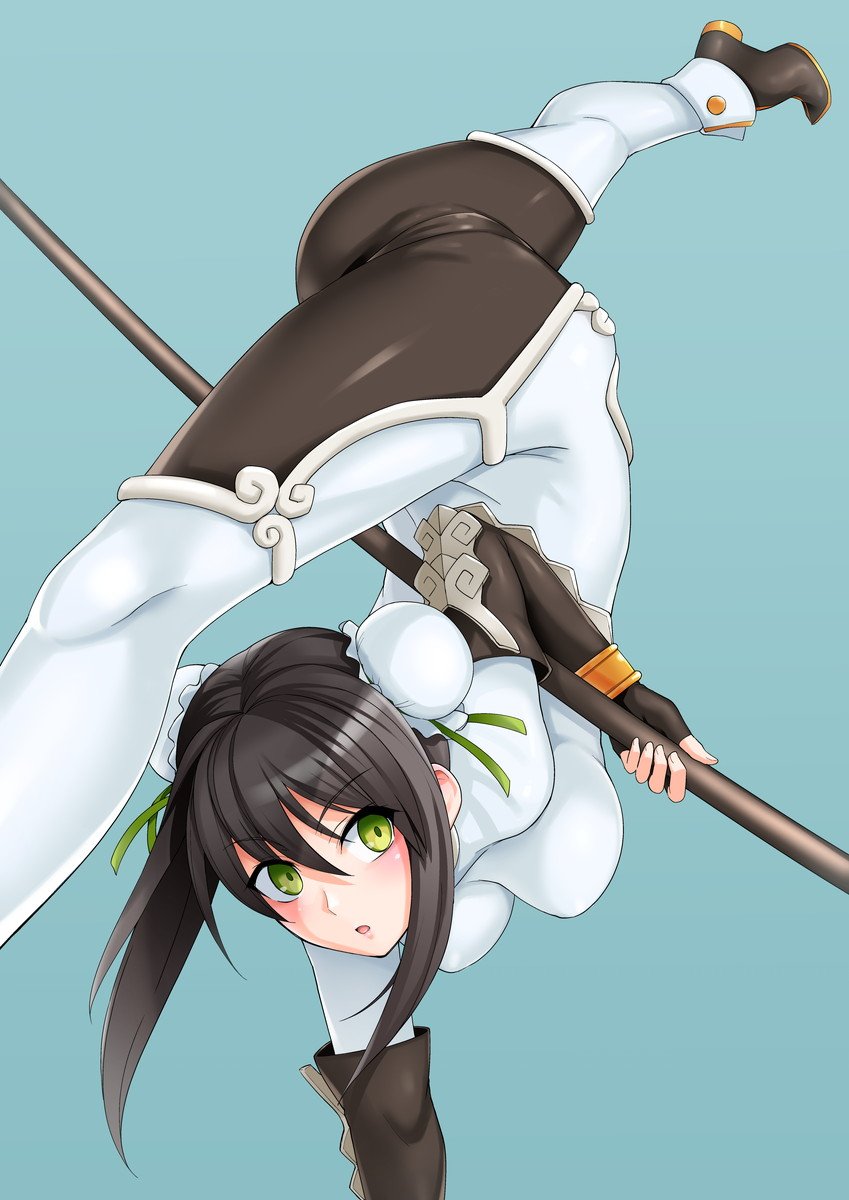 1girl ass bangs black_footwear black_hair blue_background blush bodysuit breasts bun_cover chinese_clothes double_bun fate/grand_order fate_(series) fingerless_gloves gloves green_eyes green_ribbon hair_between_eyes hair_ribbon handstand haruhisky highres medium_breasts open_mouth polearm qin_liangyu_(fate) ribbon sidelocks simple_background solo split spread_legs thighs weapon white_bodysuit