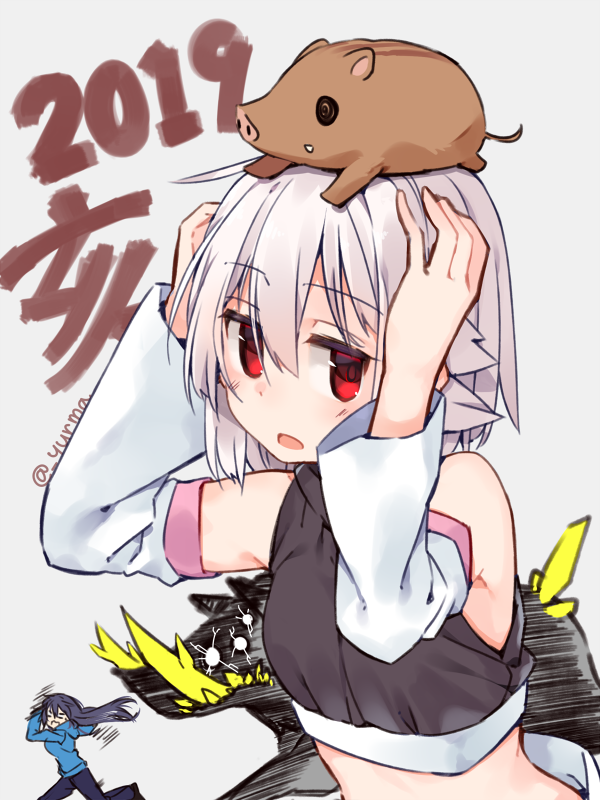 2019 2girls adyisu altair_floone animal animal_on_head arms_up bangs bare_shoulders black_shirt blue_hoodie blue_pants blush boar commentary_request detached_sleeves eyebrows_visible_through_hair fleeing glowing glowing_eyes grey_background grey_hair hair_between_eyes hood hood_down hoodie long_sleeves looking_at_viewer multiple_girls on_head open_mouth original pants red_eyes shirt sleeveless sleeveless_shirt solo_focus twitter_username white_sleeves