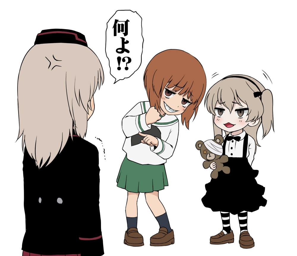 3girls alternate_footwear anger_vein angry bandage bangs black_hat black_jacket black_legwear black_neckwear black_ribbon black_skirt blouse bow bowtie brown_eyes brown_footwear brown_hair casual collared_shirt commentary eyebrows_visible_through_hair garrison_cap girls_und_panzer green_skirt grin hair_ribbon half-closed_eyes hat high-waist_skirt holding holding_stuffed_animal itsumi_erika jacket kuromorimine_military_uniform laughing leaning_to_the_side light_brown_hair loafers long_hair long_sleeves looking_at_another medium_skirt military military_hat military_uniform motion_lines multiple_girls neckerchief nishizumi_miho ooarai_school_uniform pantyhose pleated_skirt pointing ribbon school_uniform serafuku shimada_arisu shirt shoes short_hair side_ponytail silver_hair skirt smile smug socks striped striped_legwear stuffed_animal stuffed_toy suspender_skirt suspenders teddy_bear trembling uniform wata_do_chinkuru white_blouse white_shirt