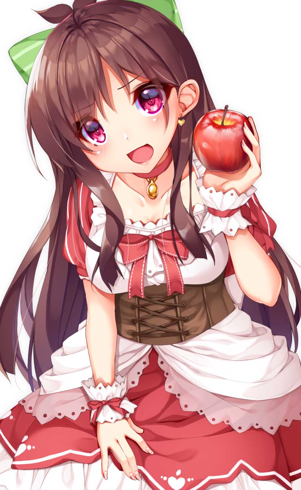 1girl apple arm_up bow breasts brown_hair chikuwabuta choker collarbone commentary_request dress earrings eyes_visible_through_hair food fruit hair_bow head_tilt heart heart_earrings highres holding holding_food holding_fruit idolmaster idolmaster_cinderella_girls jewelry layered_dress leaning_over long_hair looking_at_viewer medium_breasts neck_ribbon open_mouth pendant puffy_short_sleeves puffy_sleeves red_choker red_eyes red_ribbon ribbon short_sleeves sidelocks simple_background slit_pupils solo striped striped_bow tsujino_akari underbust very_long_hair white_background wrist_cuffs