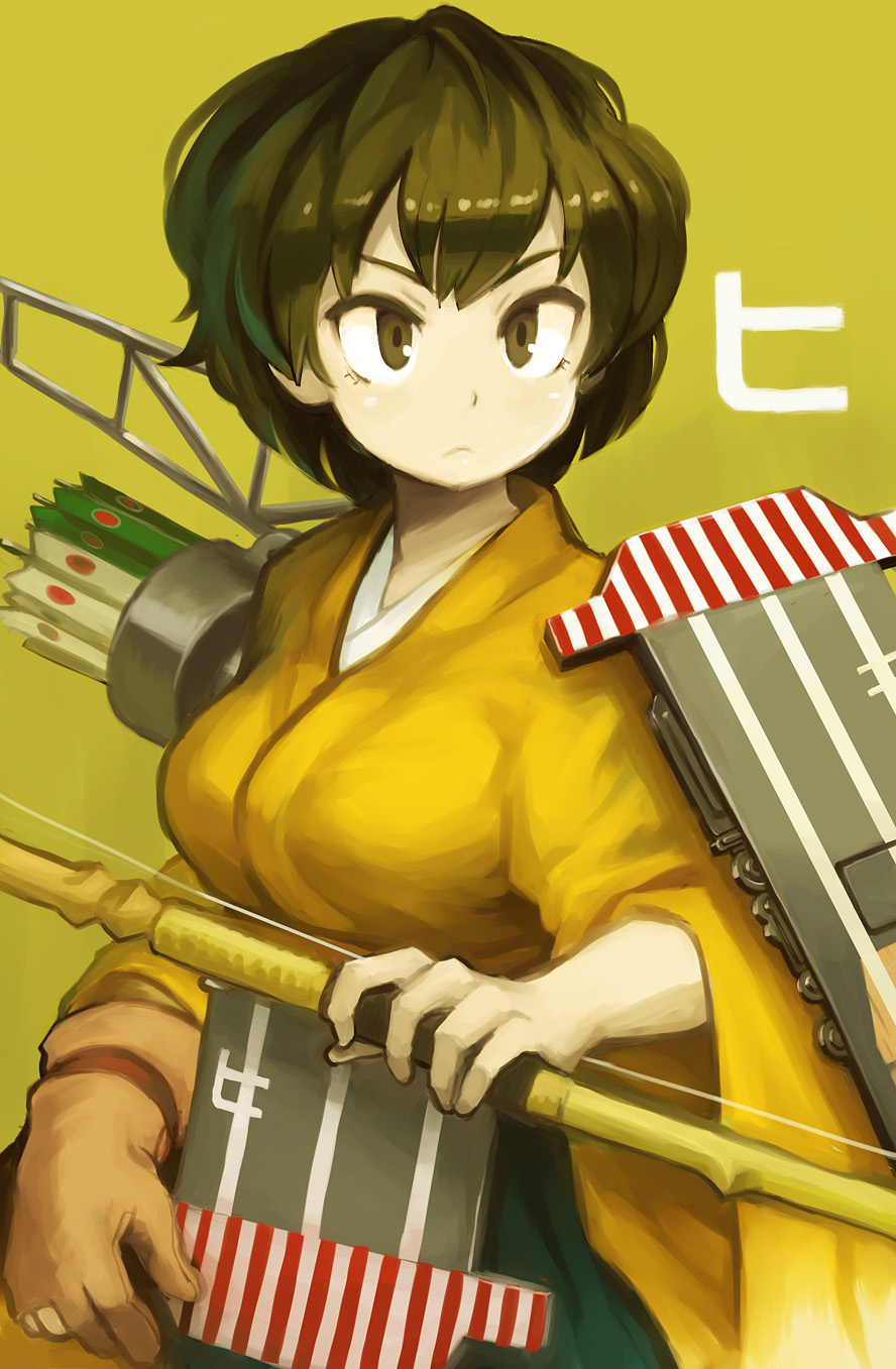 1girl archery arrow bangs bow_(weapon) breasts brown_eyes brown_hair flight_deck gloves hair_between_eyes highres hiryuu_(kantai_collection) holding holding_bow_(weapon) holding_weapon japanese_clothes kantai_collection kyuudou long_sleeves medium_breasts mizuno_(okn66) partly_fingerless_gloves quiver short_hair simple_background single_glove skirt solo tabi weapon wide_sleeves yellow_background yugake