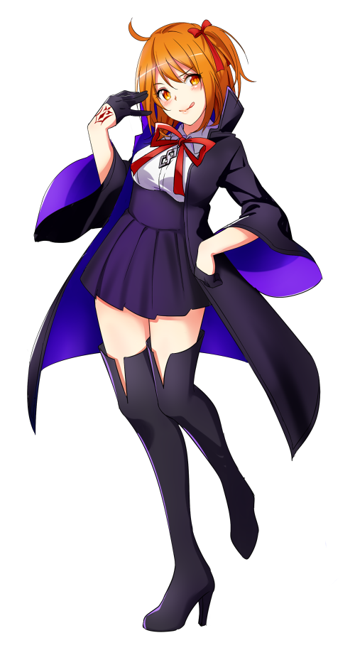 1girl ahoge bb_(fate)_(all) bb_(fate/extra_ccc) bb_(fate/extra_ccc)_(cosplay) black_cape black_footwear black_gloves blue_skirt boots brown_eyes brown_hair cape cosplay dress_shirt eyebrows_visible_through_hair fate/grand_order fate_(series) fujimaru_ritsuka_(female) full_body gloves hair_ribbon half_gloves hand_on_hip head_tilt high_heel_boots high_heels long_sleeves looking_at_viewer miniskirt neck_ribbon one_side_up pleated_skirt red_ribbon ribbon shiny shiny_hair shirt short_hair simple_background skirt smile solo standing thigh-highs thigh_boots tongue tongue_out white_background white_shirt wide_sleeves yodare_(3yami8) zettai_ryouiki