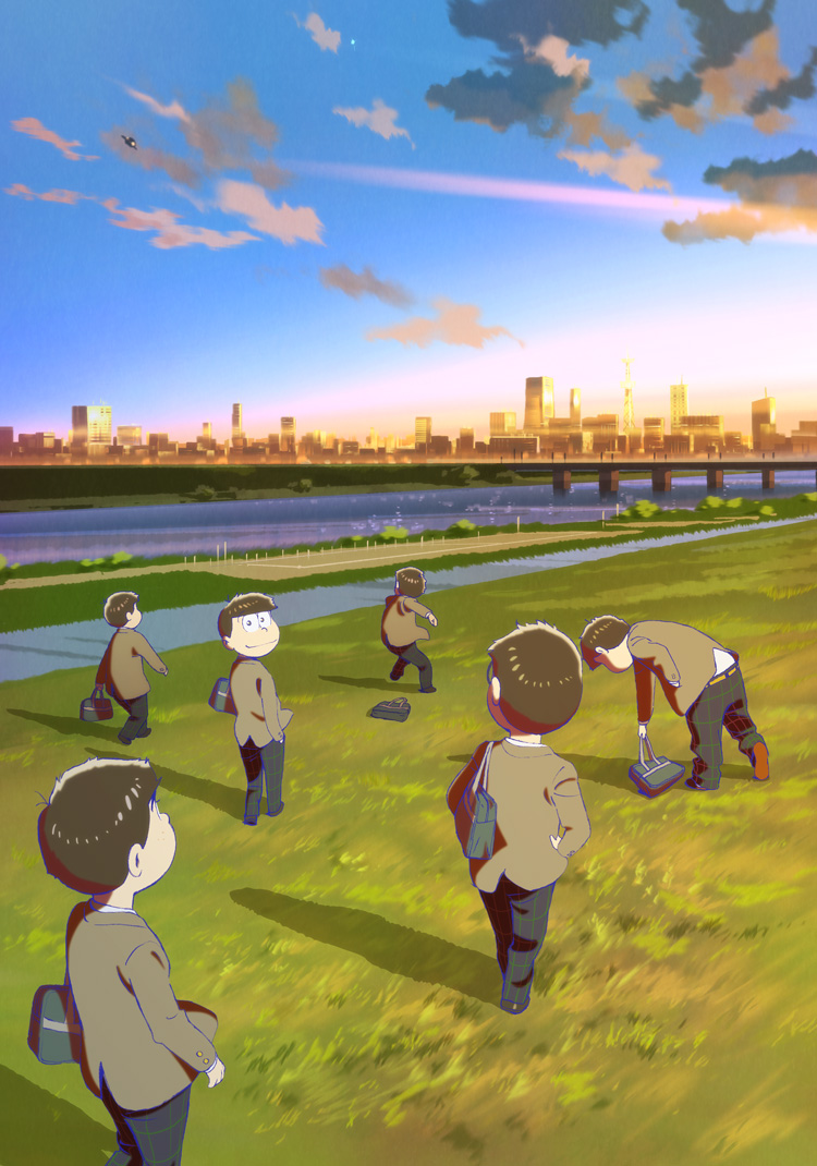 6+boys black_hair blazer brothers glasses grass jacket key_visual looking_at_viewer looking_back male_focus matsuno_choromatsu matsuno_ichimatsu matsuno_juushimatsu matsuno_karamatsu matsuno_osomatsu matsuno_todomatsu multiple_boys official_art osomatsu-san osomatsu-san_the_movie pants riverbank round_eyewear school_uniform sextuplets siblings sunset throwing