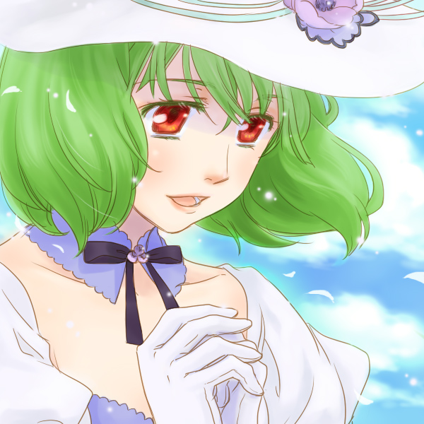 1girl gloves green_hair hands_up haruka_(maake) hat looking_down macross macross_frontier music open_mouth own_hands_together ranka_lee red_eyes short_hair singing smile solo white_gloves wind wind_lift