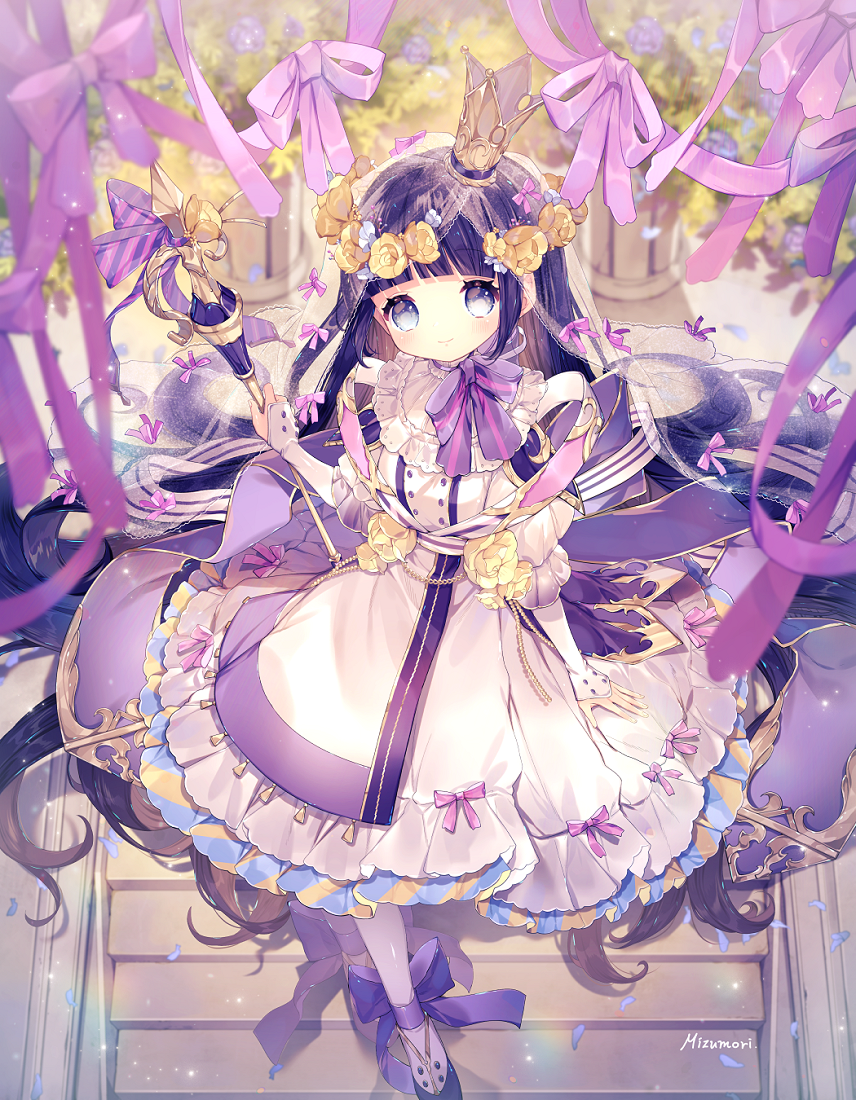 1girl absurdly_long_hair ankle_ribbon artist_name back_bow bangs black_eyes black_hair blunt_bangs blush bow commentary_request crown double-breasted dress flower frilled_dress frills hair_flower hair_ornament holding light_blush long_hair looking_at_viewer mizumori_(xcllcx) neck_ribbon nengajou new_year original petals purple_ribbon ribbon scepter smile solo stairs striped striped_neckwear striped_ribbon veil very_long_hair violet_eyes white_legwear yellow_flower