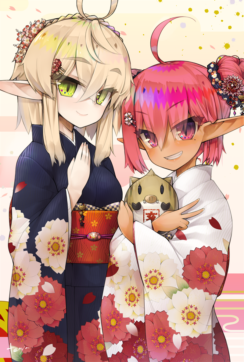 2girls ahoge blonde_hair blush boar braid character_request chinese_zodiac closed_mouth eyebrows_visible_through_hair fingernails floral_print flower green_eyes grin hair_between_eyes hair_flower hair_ornament hairpin hand_up holding iraruju iriam japanese_clothes kimono long_pointy_ears long_sleeves looking_at_viewer mole mole_under_eye multiple_girls nail_polish new_year obi pink_eyes pink_hair pink_nails pointy_ears sash short_hair slit_pupils smile standing tanyatonya twintails v virtual_youtuber wide_sleeves year_of_the_pig
