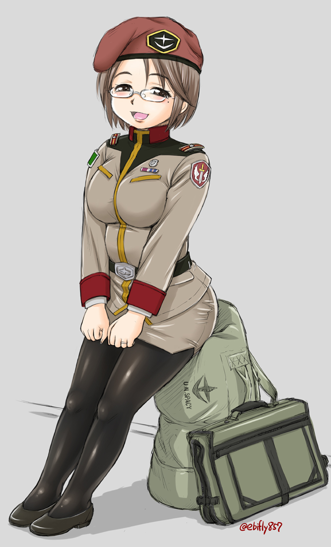 1girl :d badge bag belt beret black_eyes black_footwear black_legwear breasts brown_hair brown_jacket ebifly eyebrows_visible_through_hair grey_background hat jacket large_breasts long_sleeves looking_at_viewer military military_uniform mole mole_under_eye open_mouth original pantyhose pencil_skirt red_hat semi-rimless_eyewear shoes short_hair simple_background sitting skirt smile solo twitter_username under-rim_eyewear uniform