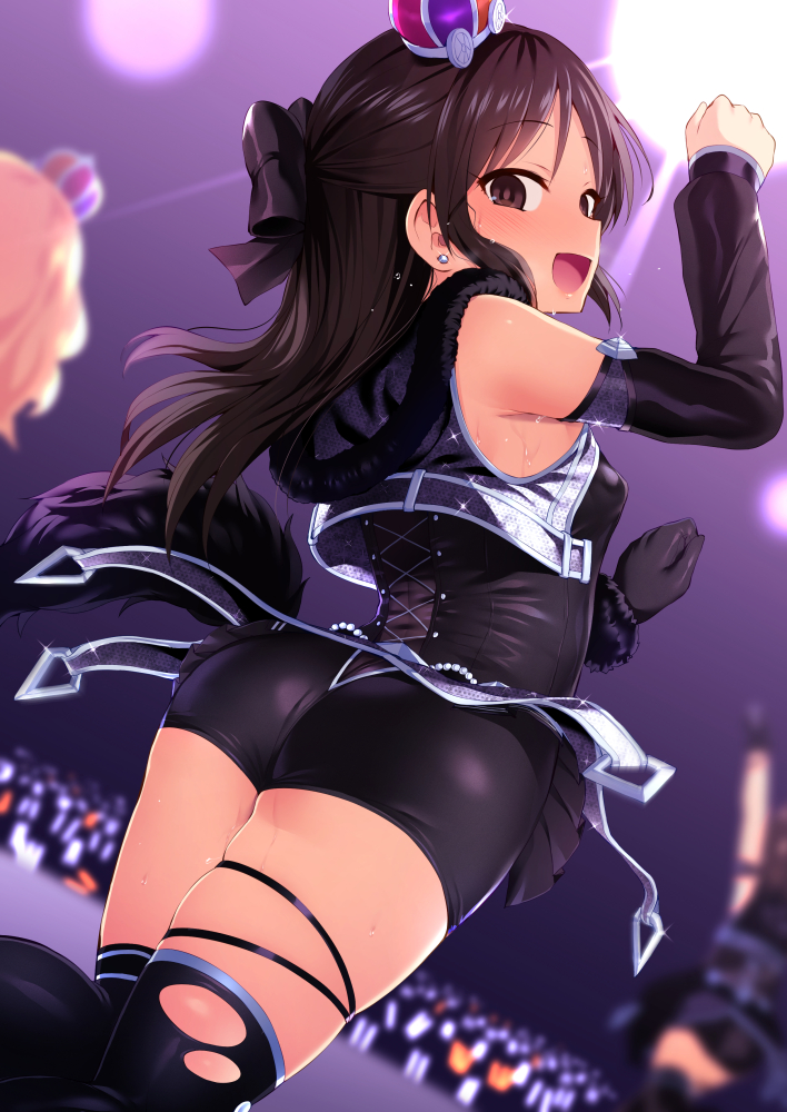 1girl 3girls :d akagi_miria ass bangs bike_shorts black_bow black_gloves black_legwear black_shorts black_skirt blonde_hair blush bow breasts brown_eyes brown_hair commentary_request cropped_jacket crown detached_sleeves earrings eyebrows_visible_through_hair fur_trim gloves hair_bow half_updo hands_up idolmaster idolmaster_cinderella_girls jewelry long_hair looking_at_viewer looking_back microskirt mini_crown multiple_girls open_mouth pleated_skirt sakurai_momoka satou_kuuki shorts single_glove skirt sleeveless small_breasts smile solo_focus stage sweat tachibana_arisu thigh-highs