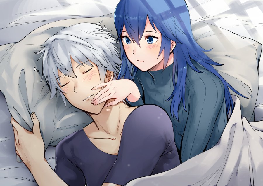 1boy 1girl a_meno0 bed_sheet black_shirt blue_eyes blue_hair blush collarbone couple fire_emblem fire_emblem:_kakusei from_above grey_pillow hair_between_eyes long_hair lucina lying male_my_unit_(fire_emblem:_kakusei) my_unit_(fire_emblem:_kakusei) nintendo on_side shiny shiny_skin shirt short_sleeves silver_hair sleeping under_covers upper_body