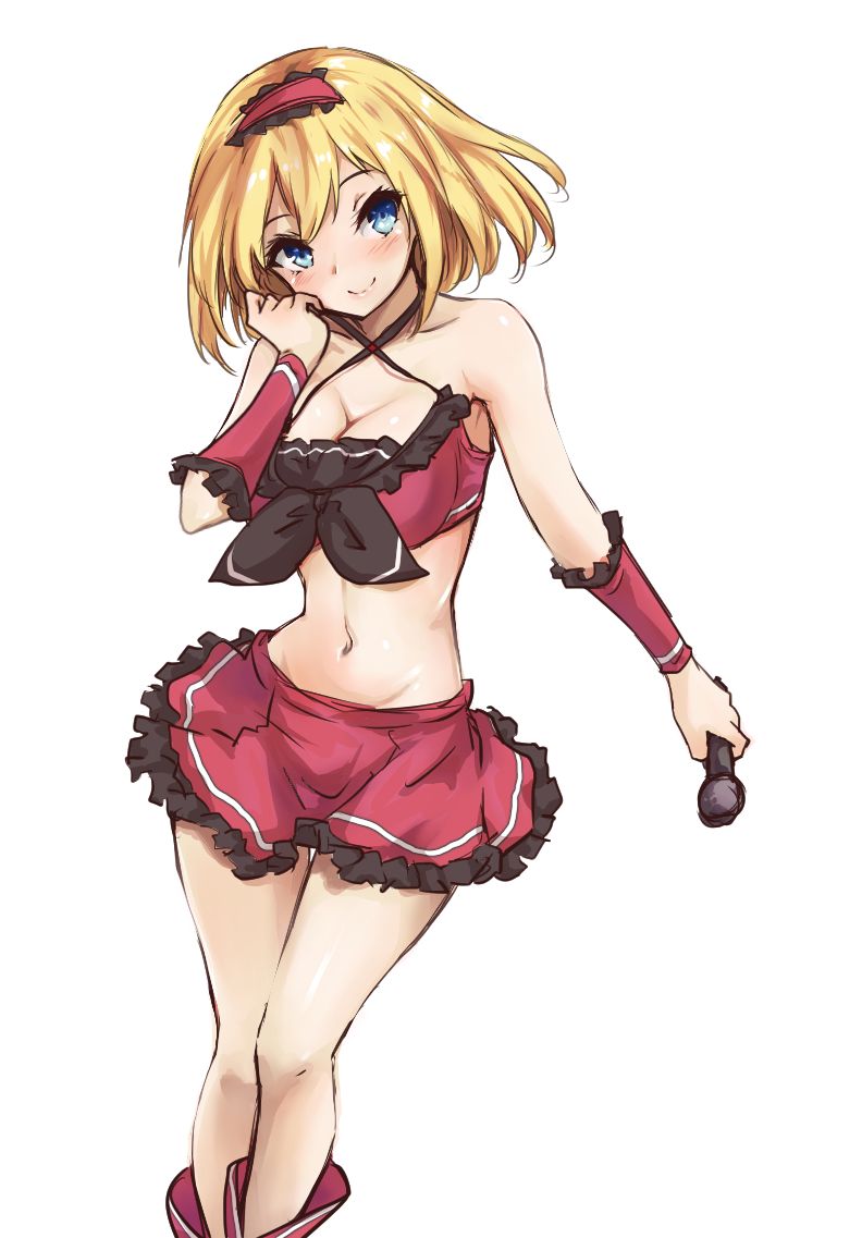1girl alice_margatroid alternate_costume amagi_(amagi626) bangs bare_shoulders blonde_hair blue_eyes blush breasts cleavage collarbone commentary_request criss-cross_halter crop_top feet_out_of_frame frilled_hairband frills groin hairband halterneck head_tilt holding holding_microphone idol large_breasts lolita_hairband looking_at_viewer microphone midriff miniskirt navel petticoat red_footwear red_hairband red_skirt shoes short_hair simple_background skirt smile solo standing stomach thighs touhou white_background wristband